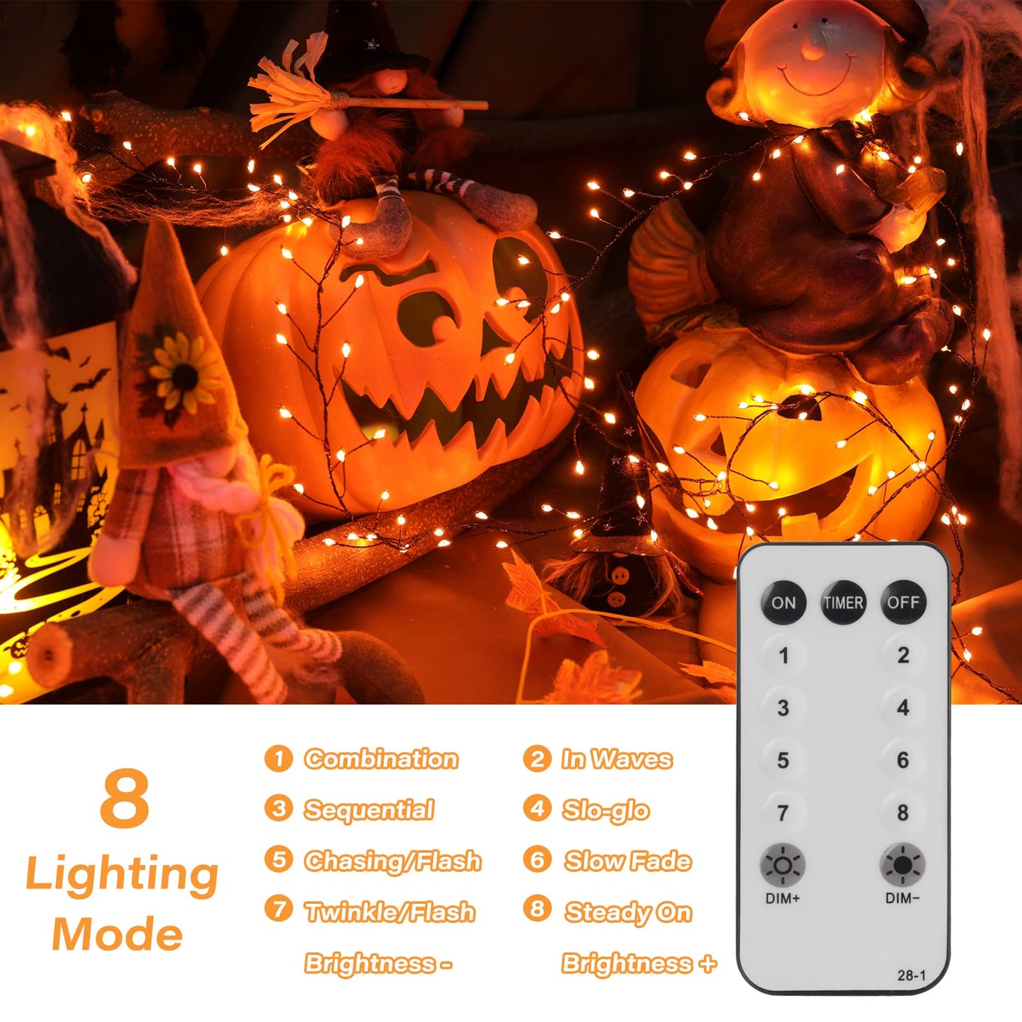 Halloween Fairy Lights Plug in, 10Feet 200 LEDs Firecracker String Lights with Remote, Cluster String Lights for Ceiling Bedroom Wreath Garland Window Bar Haunted Theme Halloween Decoration, Orange