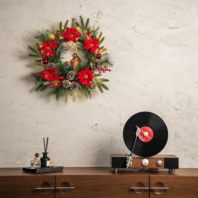 YULETIME 20" Pre-Lit Nativity Wreath, Battery Operated with 10 Fairy Lights, Holy Family Nativity Statue, Star of Bethlehem, Pine Cones, Red Poinsettia & Berries, Pine Needles (Nativity Poinsettia)