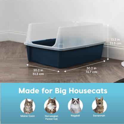 IRIS USA XX-Large Cat Litter Box, Open Top Extra Large Litter Box for Big Cats and Multi-Cat Households, High Sided Scatter Shield, Easy to Clean, 30" L x 20" W x 14" H, Navy