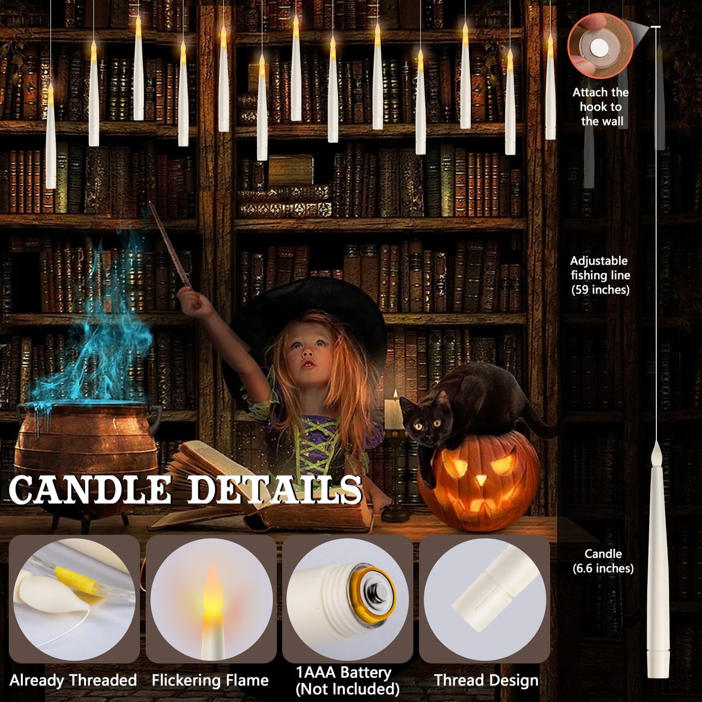 Floating Candles with Wand Remote, 20 Pcs Magic Halloween Hanging Candles, Flickering Warmer Light Flameless LED Candles with DIY Sticker, Battery Operated Halloween Decorations Gifts Indoor (20)