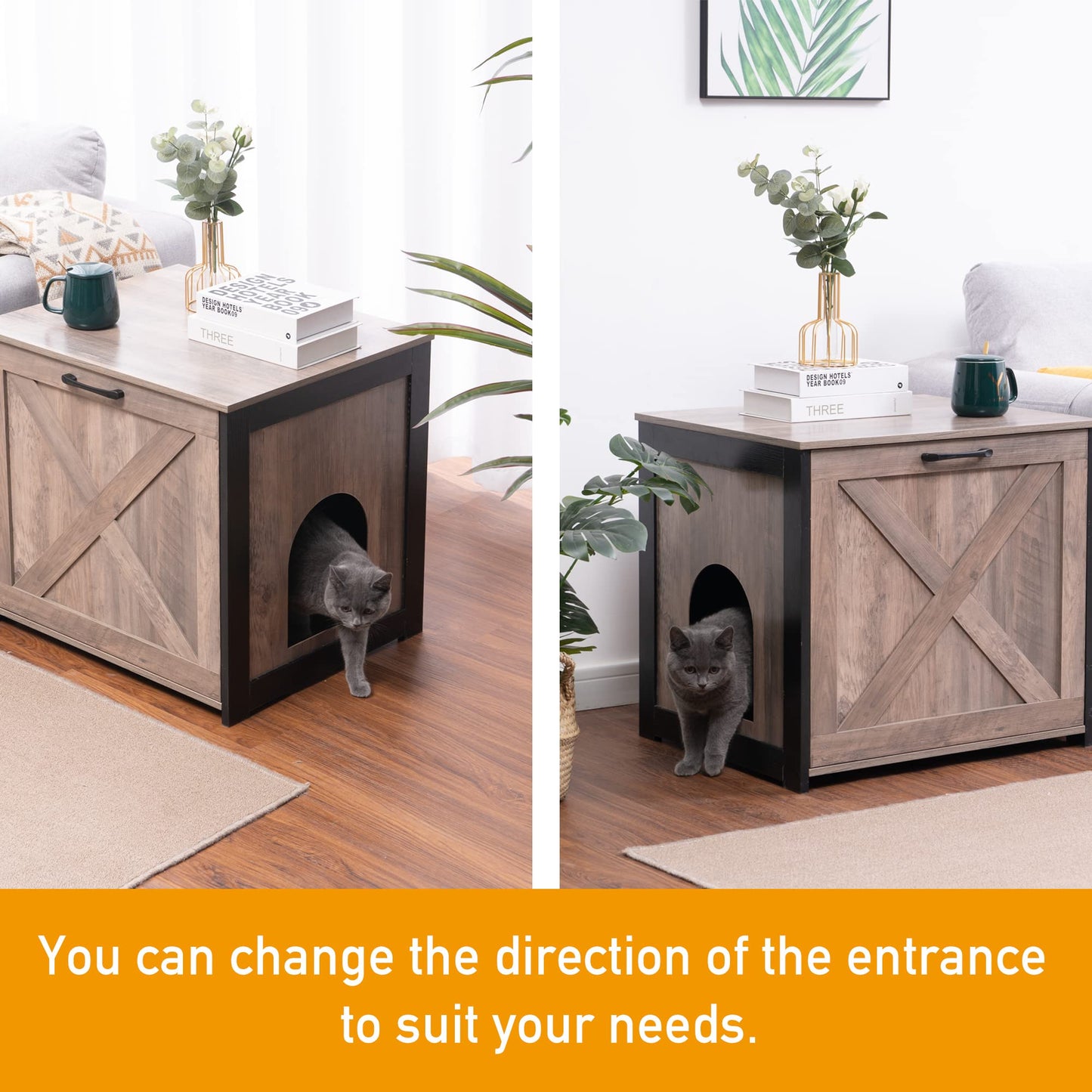 Dwanton Cat Litter Box Furniture Hidden, Cat Litter Box Enclosure, Reversible Entrance Can Be on Left or Right Side, Indoor Cabinet, Wooden Washroom, End Table, Nightstand, Greige, 23.6" L