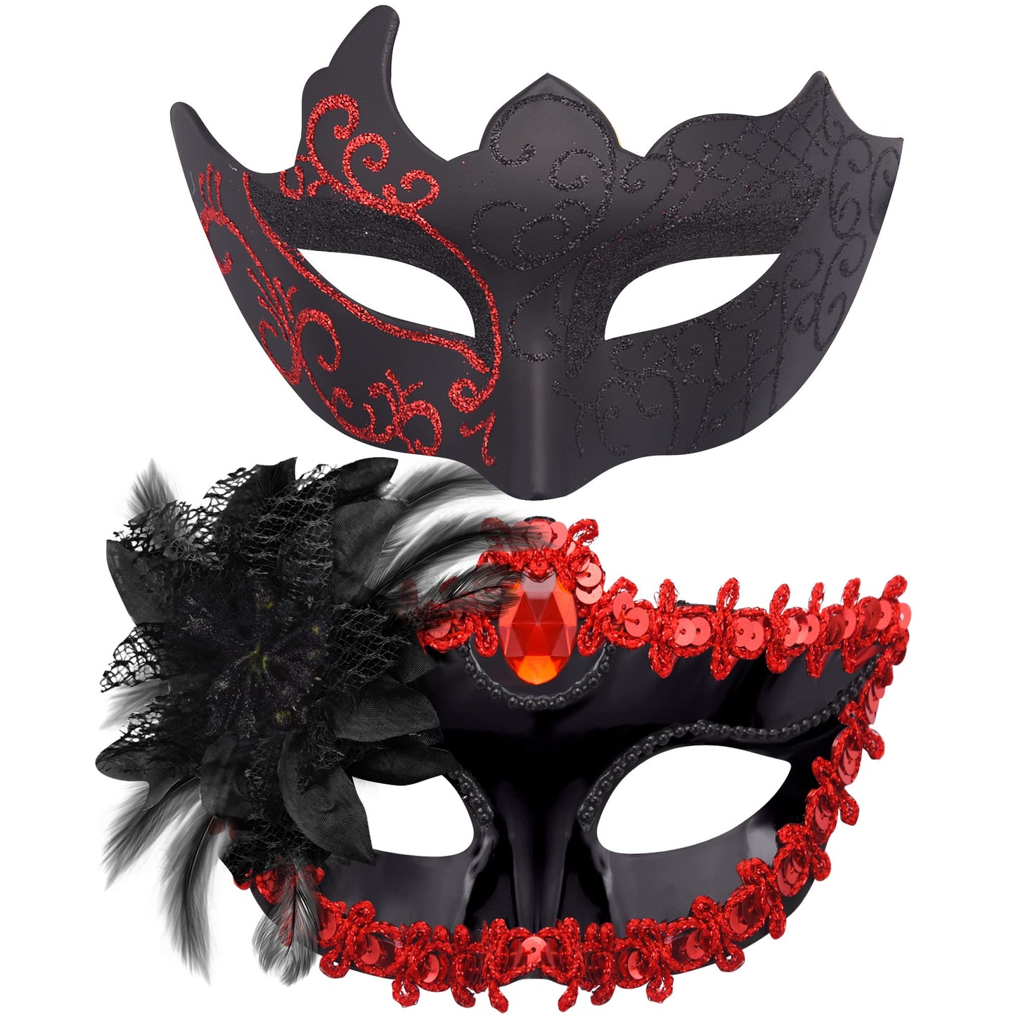 SIQUK Couple Masquerade Masks Plastic Venetian Party Mask Lace Halloween Costume Mask Rhinestone Mardi Gras Mask for Couples Women and Men