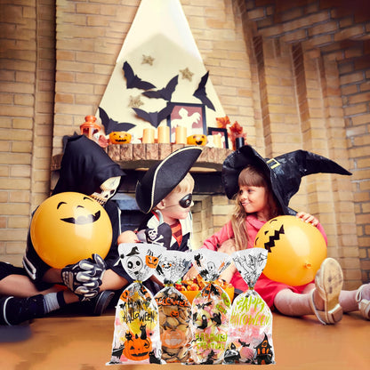 ONFAON Halloween Cellophane Treat Bags, 180pcs Halloween Trick or Treat Goody Gags with 200pcs Twists for Snacks Cookies Packing, Goodie Bags Party Supplies (10.8 * 4.9in)