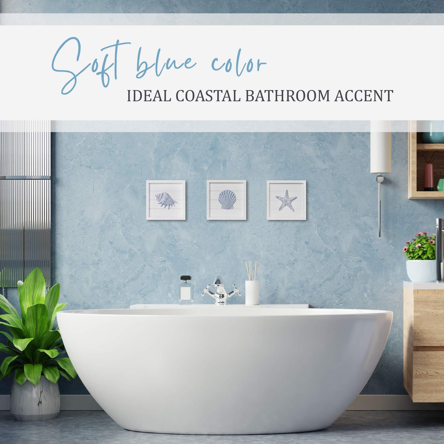 TideAndTales Blue Seashells and Starfish (Framed Set of 3) Coastal 3D Wall Art for Bathroom or Bedroom, Ocean-Inspired Beach Decorations for Home or Beach House