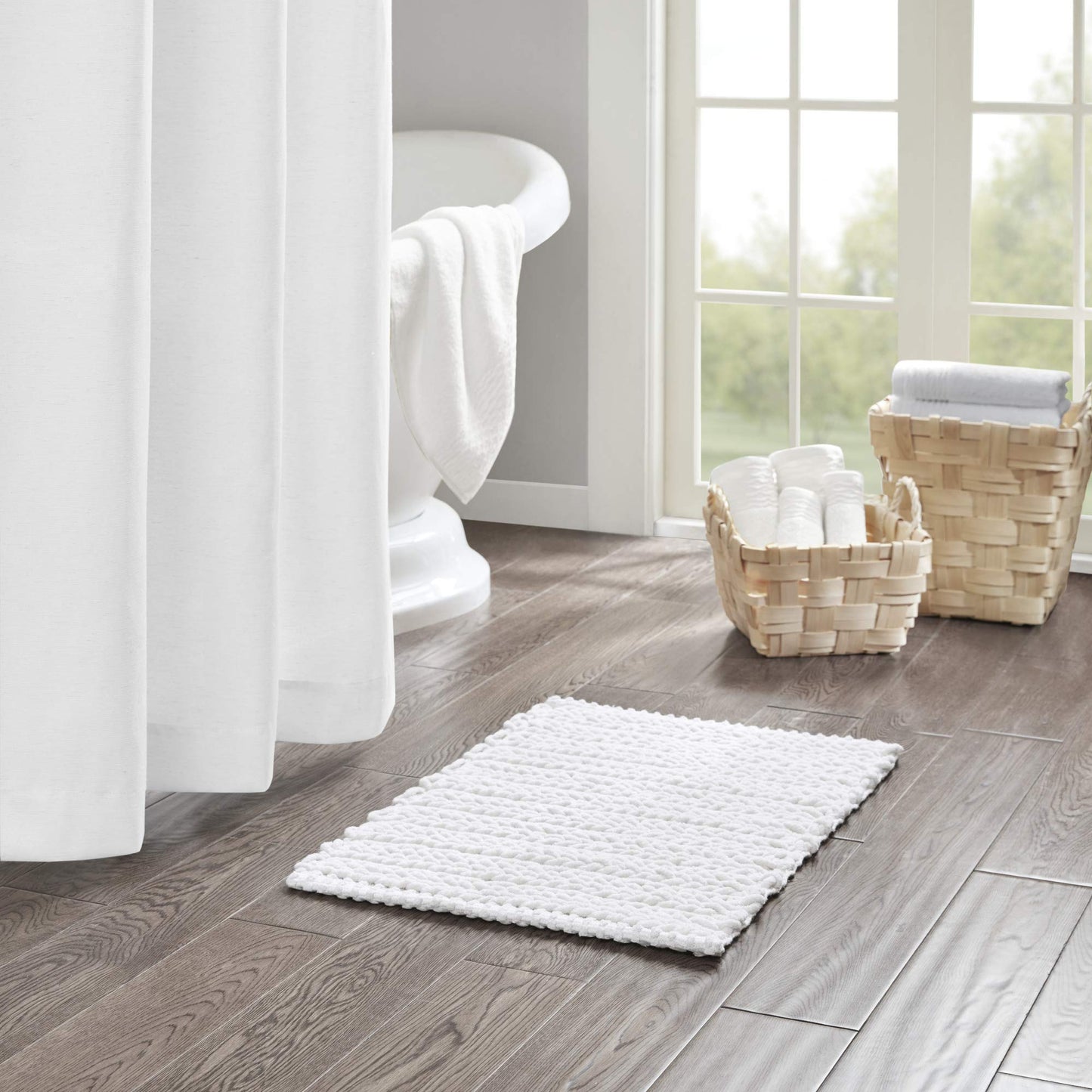 Madison Park Lasso 100% Cotton Chenille Chain Woven Stitch Bathroom Rug - Non Slip - Absorbent, Quick Dry Bath Mat, 17x24, White
