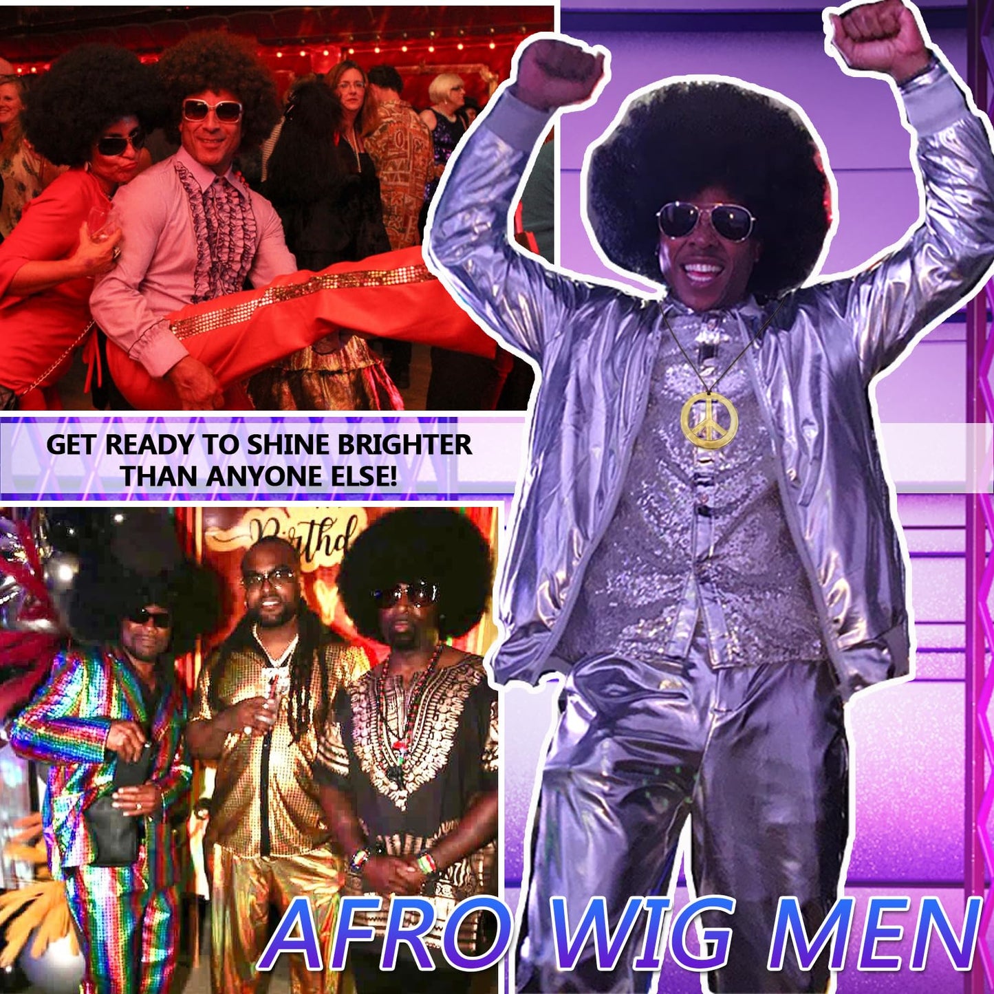 Tereshar 70s Mens Afro Wig for Disco Party, 5pcs Set (Glasses+ Golden Chain+Peace Sign Necklace+ Wig Cap) Black Afro Curly Retro Disco Hippie Wigs for 70s 80s Costume Halloween Cosplay Use