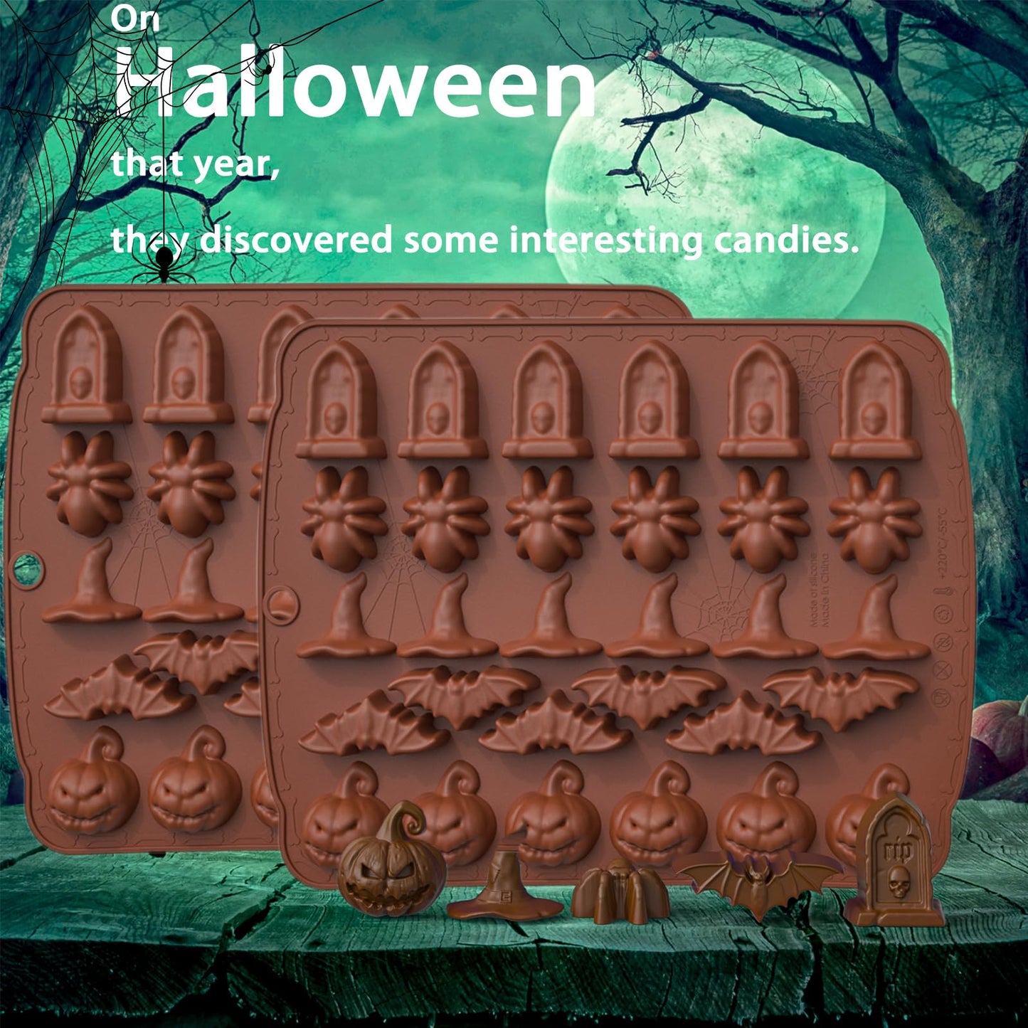 Gummy Skull Candy Molds Silicone, 4 Pack Mini Skull Gummie Chocolate Mold Halloween Spider Witch Hat Pumpkin Candy Gummy Mold with 4 Droppers for Chocolate, Candy, Jelly, Ice Cube, Dog Treat (Brown)