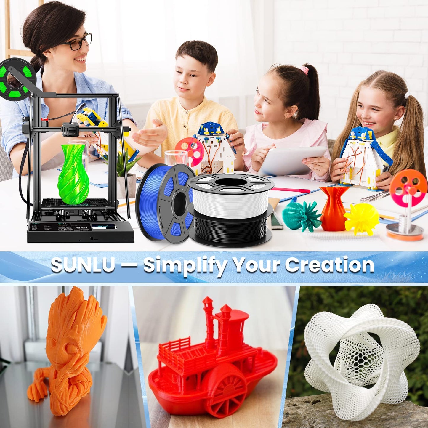 SUNLU PETG Filament 1.75mm 4KG Bundle, Strong PETG 3D Printer Filament, Fit for Most FDM 3D Printers, Individually Vacuum Packed, 4 Packs of 1KG Spools, Black
