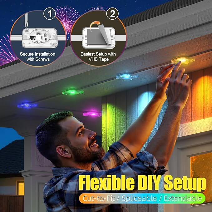 Permanent Outdoor Lights for House, 300ft RGB+IC Smart LED Eaves Lights, IP67 Waterproof Outdoor Lighting with App/Remote Control for Halloween, Christmas, Holiday, Daily, Party