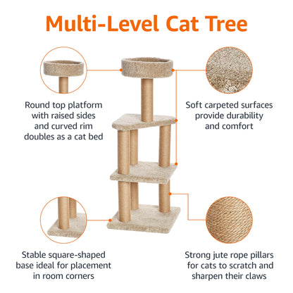 Amazon Basics Cat Tree - Indoor Cat & Kittens Multi-Level Climbing Activity Tower with Scratching Posts, Large (45.9"H) - Beige