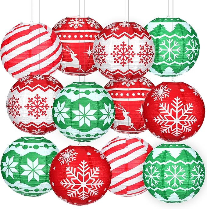 Bencailor 12 Pcs Christmas Hanging Paper Lanterns Set Decorative Christmas Party Lanterns Round Hanging Lamps for Xmas Home Decoration Supplies Props Graduation Holiday Decor(Noble, 12 Inch)