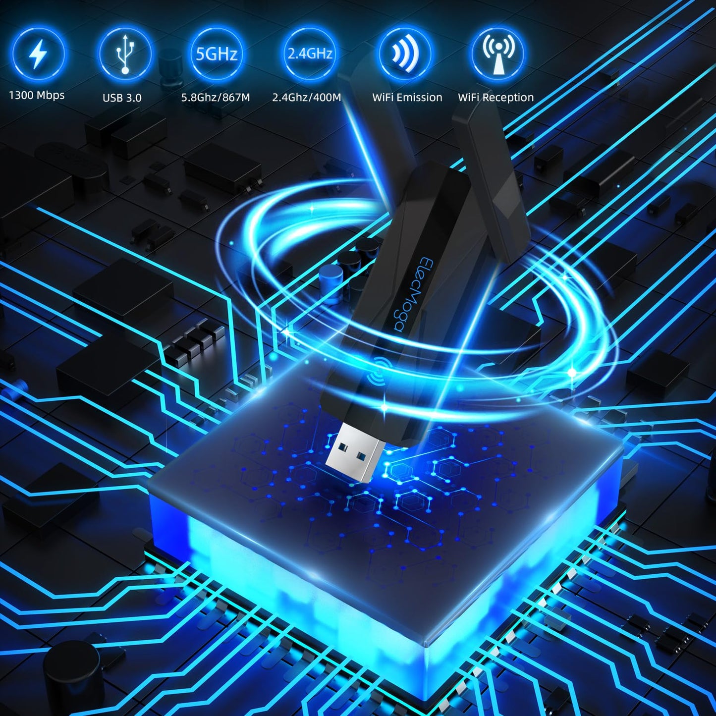ElecMoga Wifi Dongle, 1300Mbps Wifi Adapter High Gain USB 3.0 5dBi Dual Band 2.4GHz/5GHz USB Wireless for PC/Desktop/Tablet/Laptop, Supports Windows 11/10/8/7/Vista/XP, Mac OS 10.9-10.15