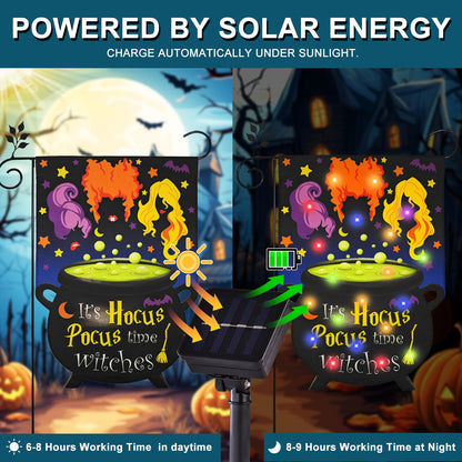 Solar Halloween Lighted Garden Flag for Outside It's Hocus Pocus Time Witches Flags for Patio Lawn Outside Halloween Decorations Garden Decor (12 * 18)