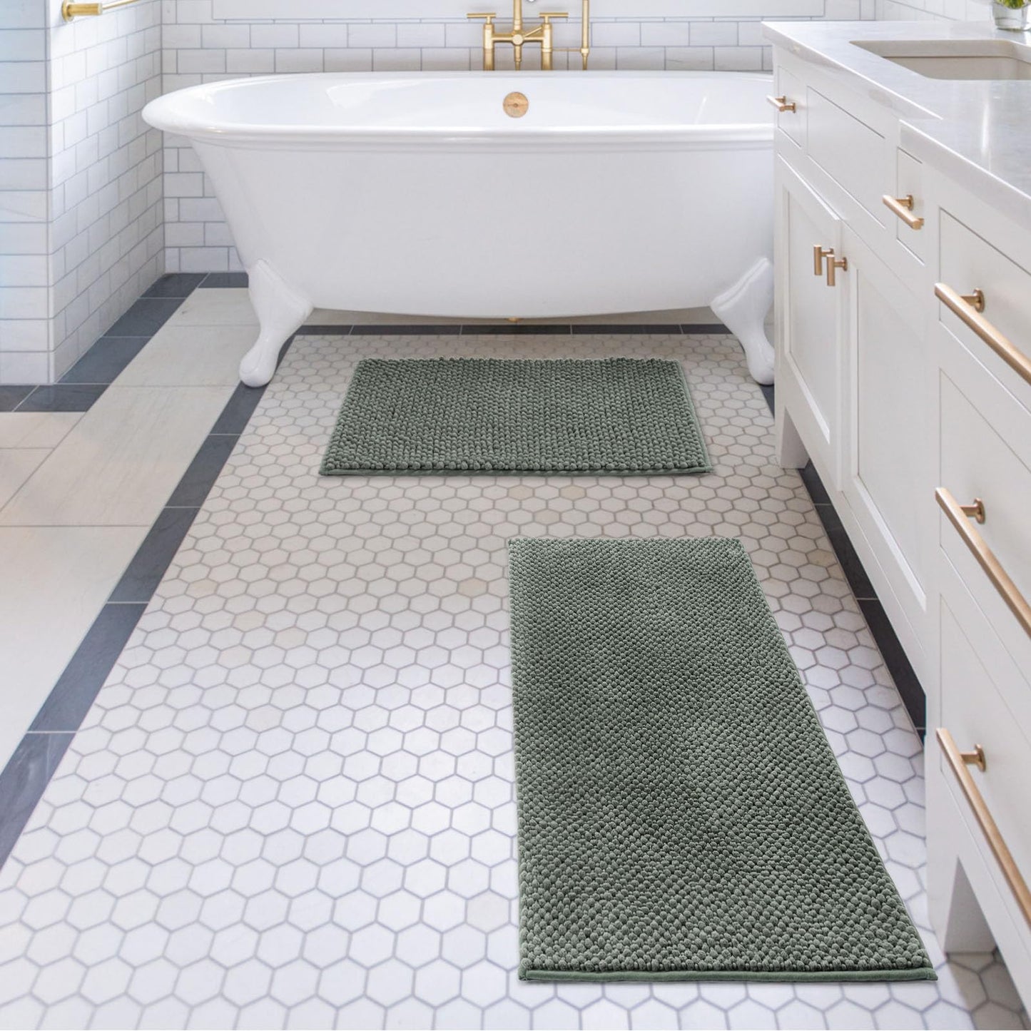 FRESHMINT Chenille Bathroom Rugs Set - 2 Piece 17"x24" + 20"x47", Non-Slip Bath Mats, Water Absorbent, Washable Shower Floor Mat, Sage Green