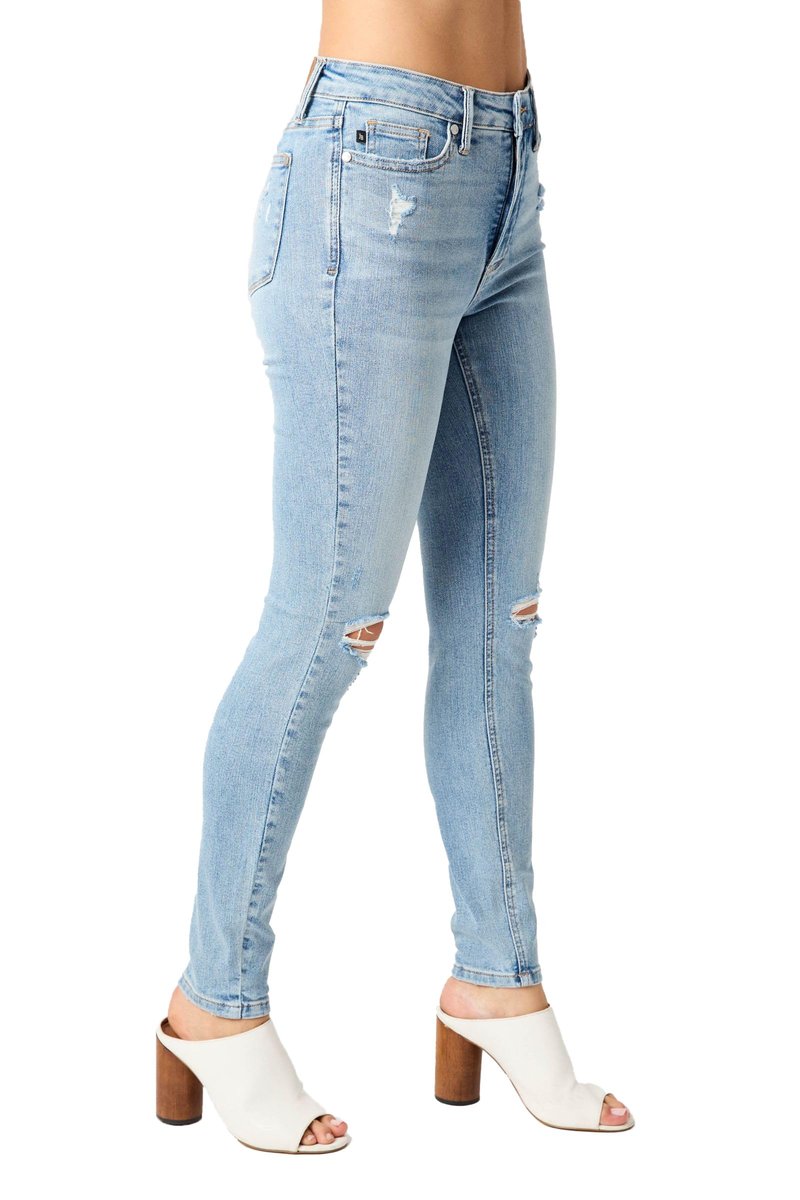 Judy Blue Women's Mid Rise Tummy Control Destroy Skinny Jeans (Light Blue, 14W)