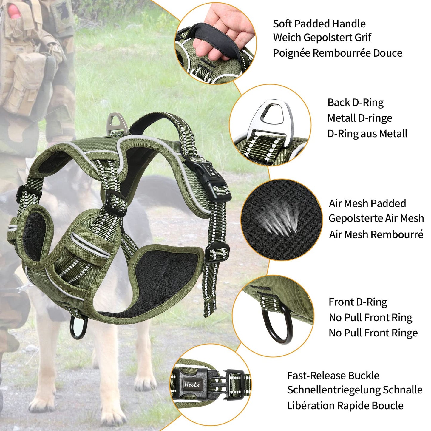 HEELE Dog Harness, Reflective Dog Harness, with Padded Handle Control, 2 Metal Rings, Harness for Small Medium and Large Dogs, Army Green, M