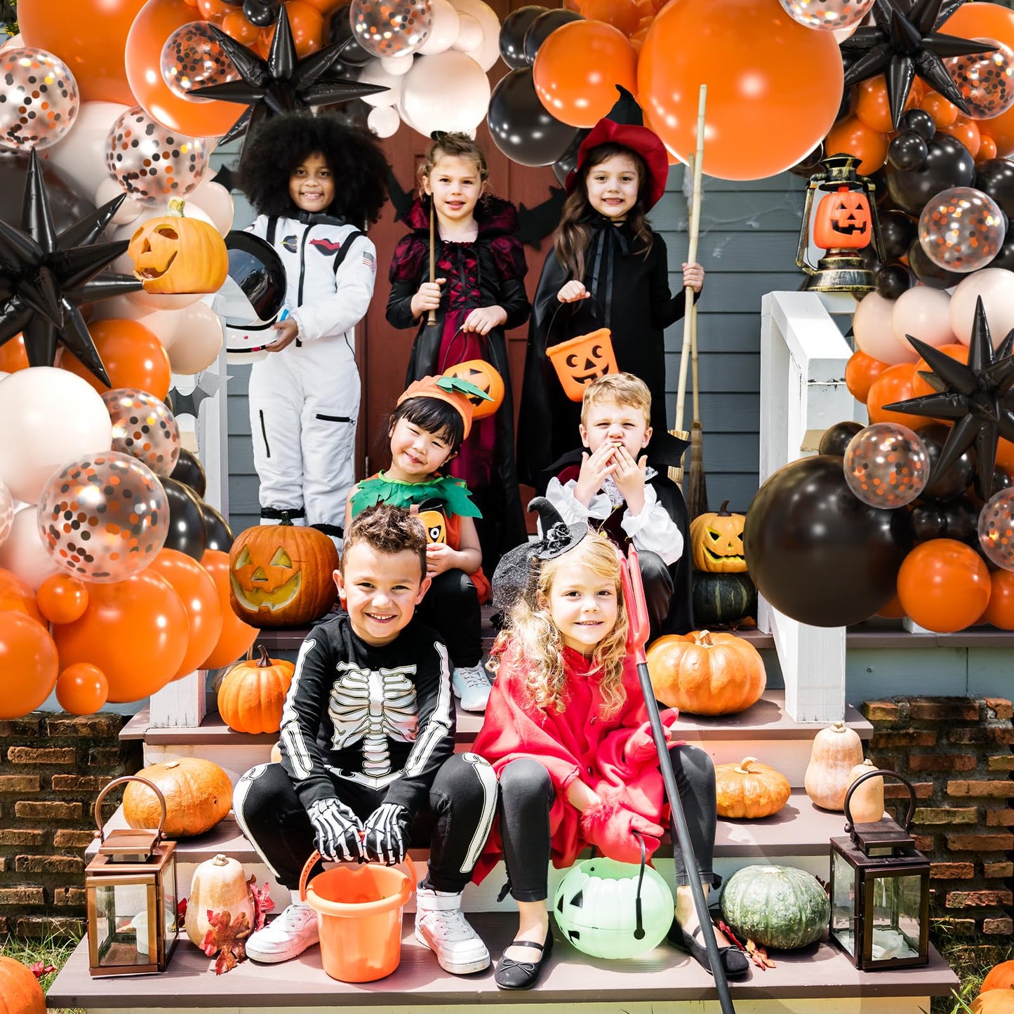 161pcs Black White Orange Balloons Arch Kit,Black Orange With 3pcs Starburst Foil Balloons for Birthday Graduation Halloween Thanksgiving Day Party Decorations