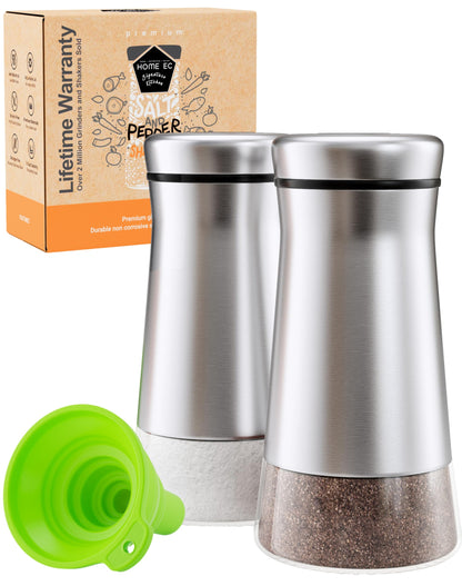 HOME EC Original Salt and Pepper Shakers Set with Adjustable Pour Holes - Glass and Stainless Steel Salt Shaker and Pepper Shaker - Farmhouse Spice dispenser for salts, ground peppercorn and spices