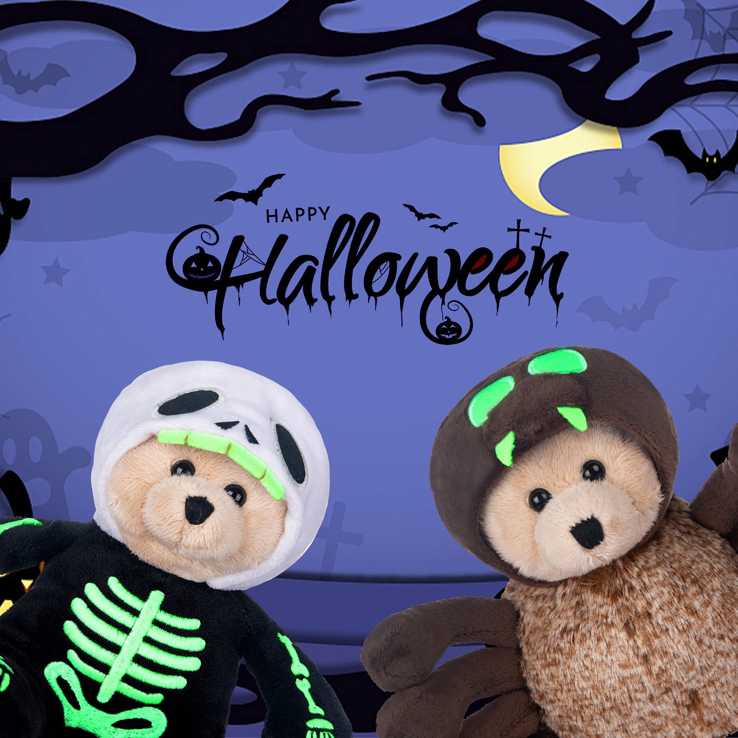 My OLi 9" Glow in The Dark Plush Toy Spider & Skeleton Stuffed Animal with Flip-Top Hat Cute Teddy Bear for Kids Babies & Toddlers