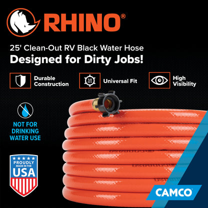 Camco Rhino 25Ft Clean-Out Camper & RV Black Water Hose - Features a Heavy-Duty PVC Design & Bright Orange Color - Clean-Out Camper Black Water, Grey Water or Tote Tanks - 5/8” Inside Diameter (22990)
