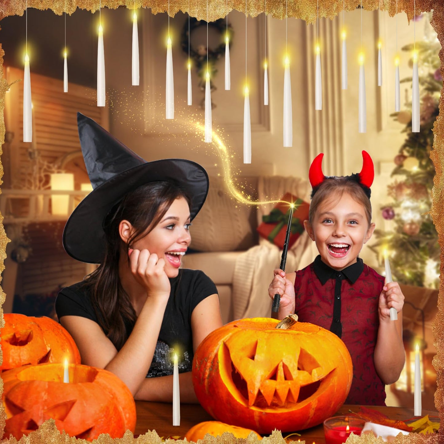 Prerish 20PCS Floating Candles with Wand, Flickering Warm Light Taper LED Flameless Candles with Wand Remote, Magic Hanging Candles, Halloween Decorations for Home Indoor Party
