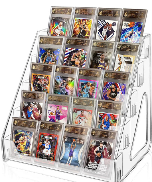 AMZALI Card Display Stand, 5 Tier Trading Card Display Case Acrylic Versatile Holder for Baseball Basketball Sports Graded Card Display Stand Tabletop for PSA BGS SGC Slabs