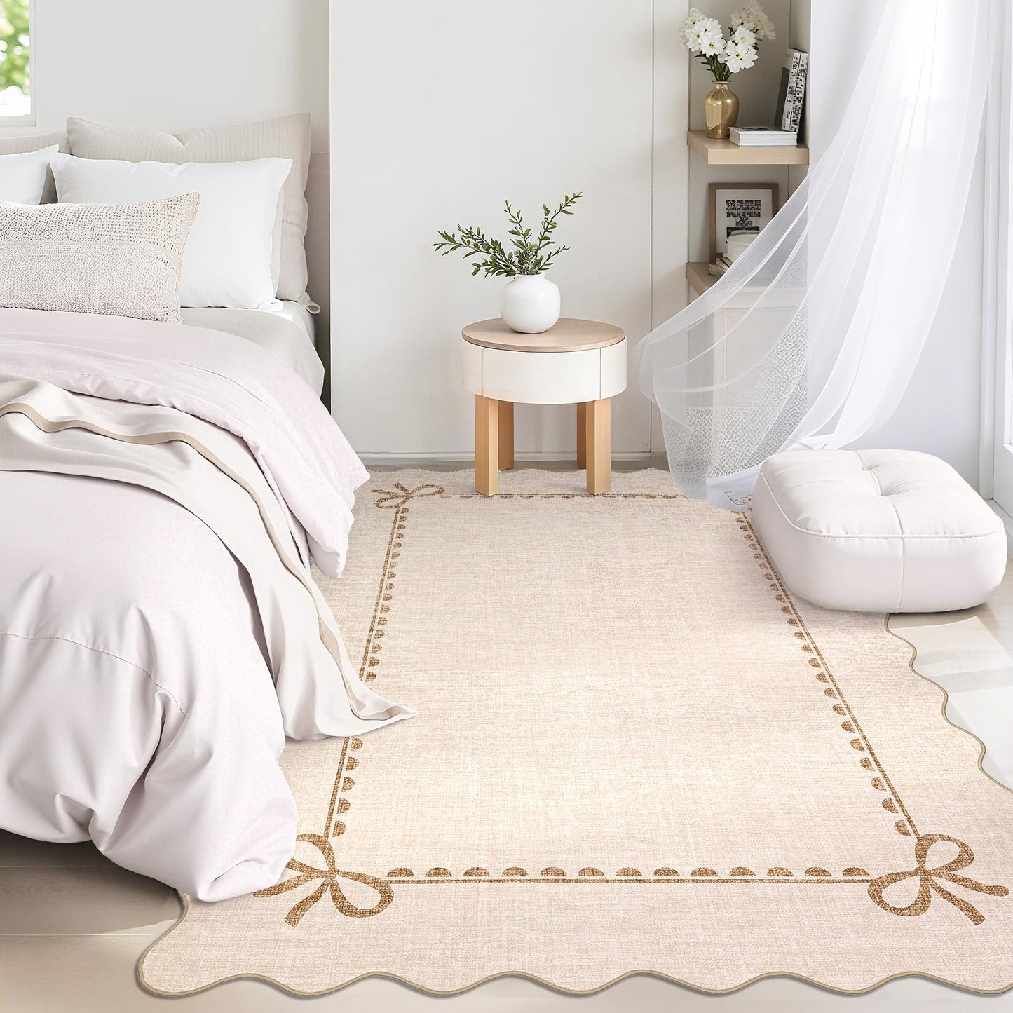 GarveeHome Scalloped Bow Rug for Living Room, Solid Beige Rug for Dorm, Washable Rugs 5x7 Soft Low Pile Non Slip Scalloped Rugs for Nursery College Bedroom Decor Kids Room Playroom