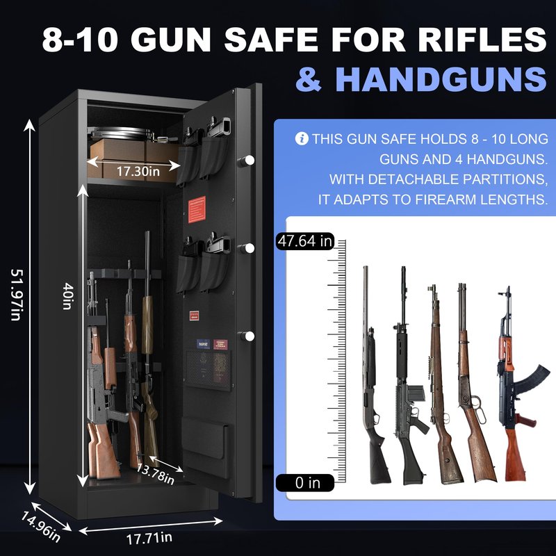Marcree 8-10 Gun Safe for Rifles & Pistols, Quick Access Rifle Safe with Dual Alarm, Mute Mode, Adjustable Shelves & Pistol Pockets, Gun Cabinet for Shotguns