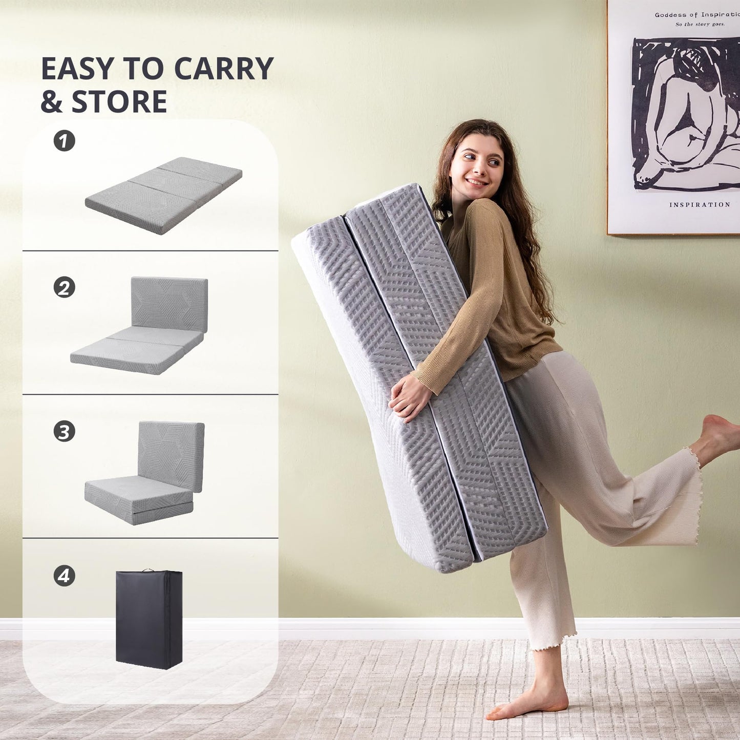 CH Charme House Folding Mattress Topper, 4 Inch Single Tri Folding Memory Foam Mattress Topper for Camping Guest Bed, Washable Cover & Non-Slip Bottom, 75" x 25" x 4", Grey