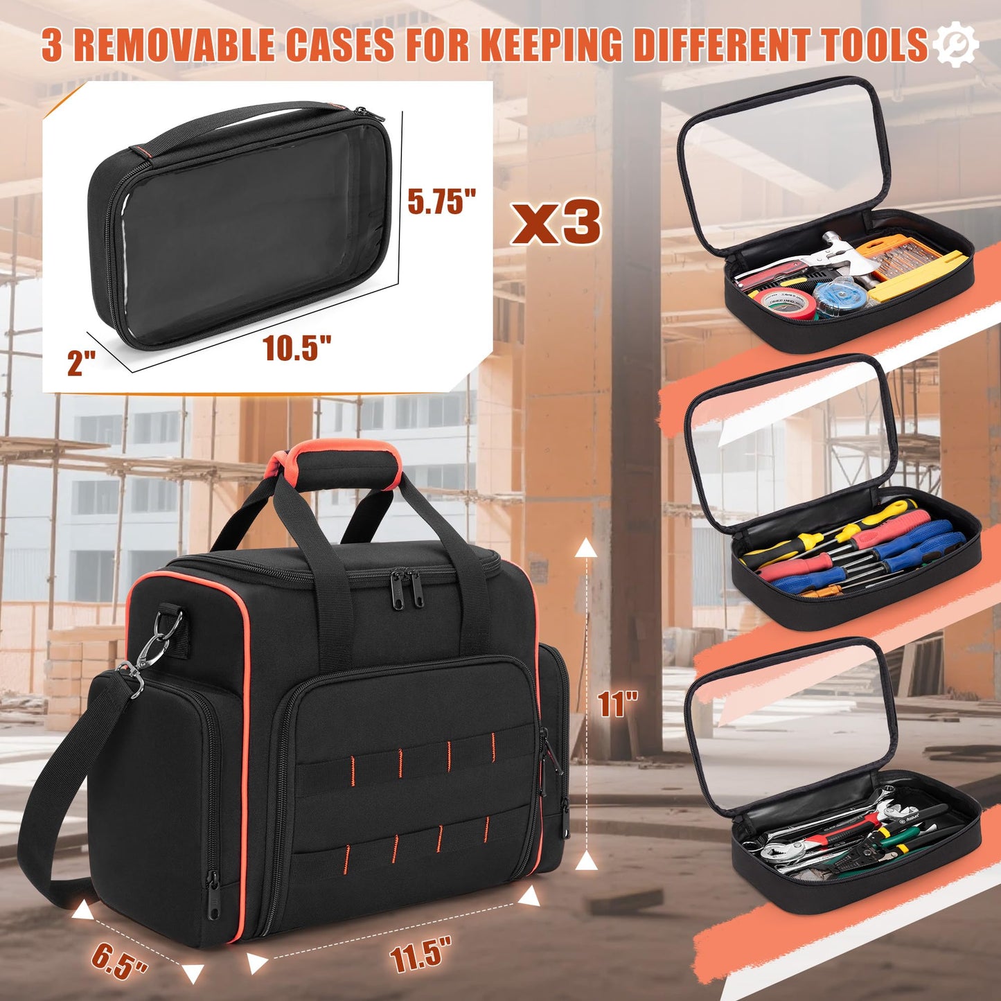 Marscamd Tool Bag with 3 Removable Cases, 2 Layers Tool Tote for Hand Tools, Black with Red Binding