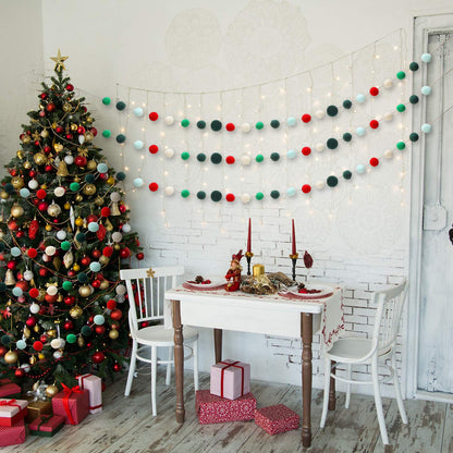 3 Pieces Christmas Felt Balls Garland Wool Pom Pom Garland Banner for Christmas Party Holiday Decoration(Red, White, Green, Lake Green, Dark Green)