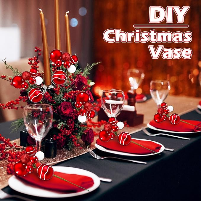 8 Pcs Red and White Christmas Tree Picks 7.87 Inch Christmas Balls Ornaments Xmas Hanging Decorations for Xmas Tree Topper DIY Wreath Holiday Floral Vase Fillers Crafts Home Decor