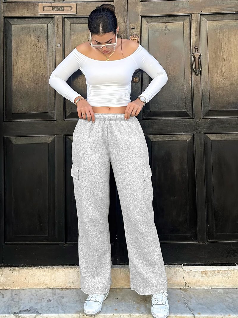 YEOREO Sweatpants Womens Cargo Pants Fleece Lined Wide Leg Joggers Baggy Drawstring Nairi Sweat Pants with Pockets Slate Gray M