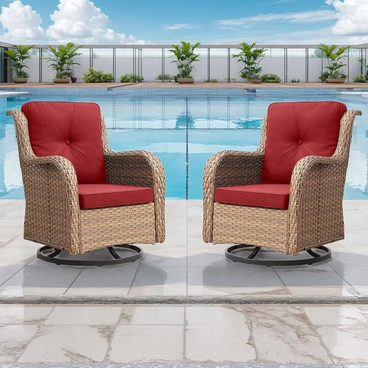 Rilyson Patio Chairs Rocking Swivel Chiar - 2 Piece Outdoor Patio Rattan Wicker Furniture Chairs Set with High Back and Deep Seating for Outside Porch Deck(Yellow/Red)