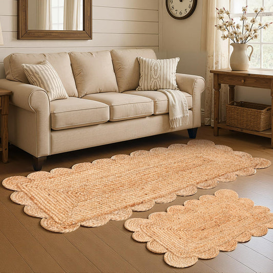 Nuanchu 2 Pack Scalloped Natural Jute Area Rug 2 x 3 ft and 1.6 x 3.9 ft Handwoven Jute Doormat Fiber Rug Vintage Indoor Carpet for Bedroom Living Room Entryway Kitchen Hallways