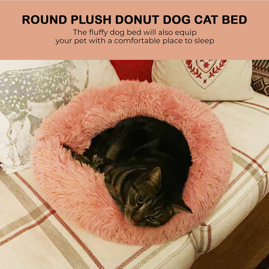 Fur & Bone Round Plush Donut Dog Cat Bed | Fluffy Cuddler Pet Cushion Self-Warming Beds | Washable Dog Bed with Non-Slip and Waterproof Bottom Calming Dog Bed - (60cm, Pink)