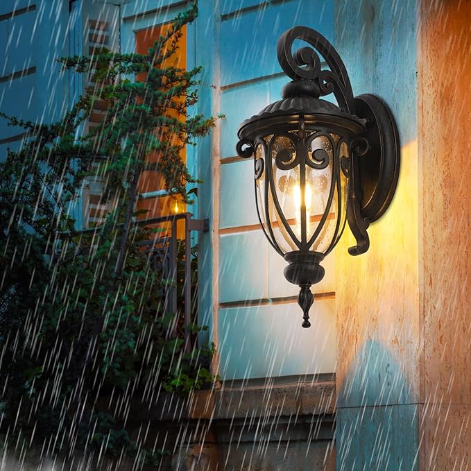 18in Dusk to Dawn Outdoor Wall Light for House, Bronze Exterior Wall Lantern for Garage, Aluminium Porch Door Lights Fixture with Clear Seeded Glass Shade for Entryway, Front Door