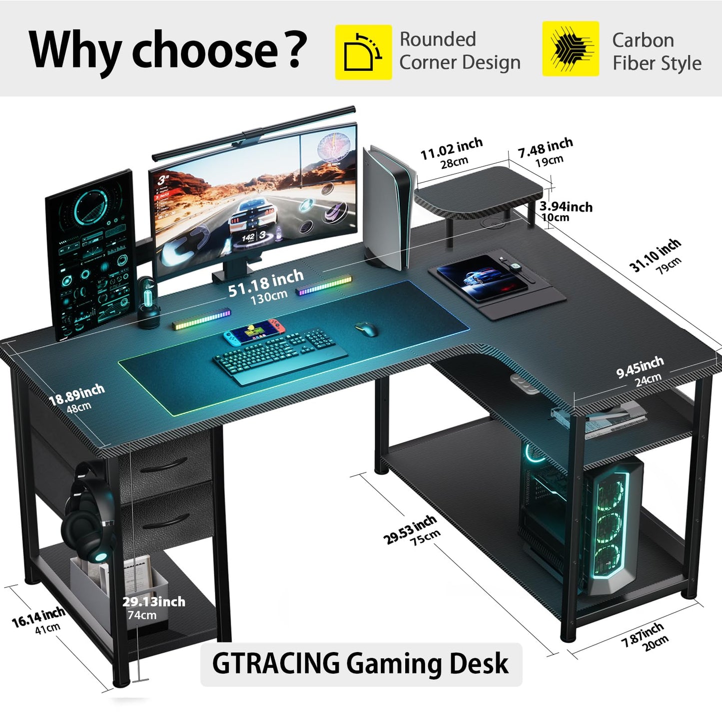 GTRACING Gaming Desk with Drawers, Carbon Fiber Style L Shaped Computer Desk Compatible with Monitor Arm Corner Desk Gaming Table for Home Office Desks, Easy to Assemble Adjustable Shelf Height