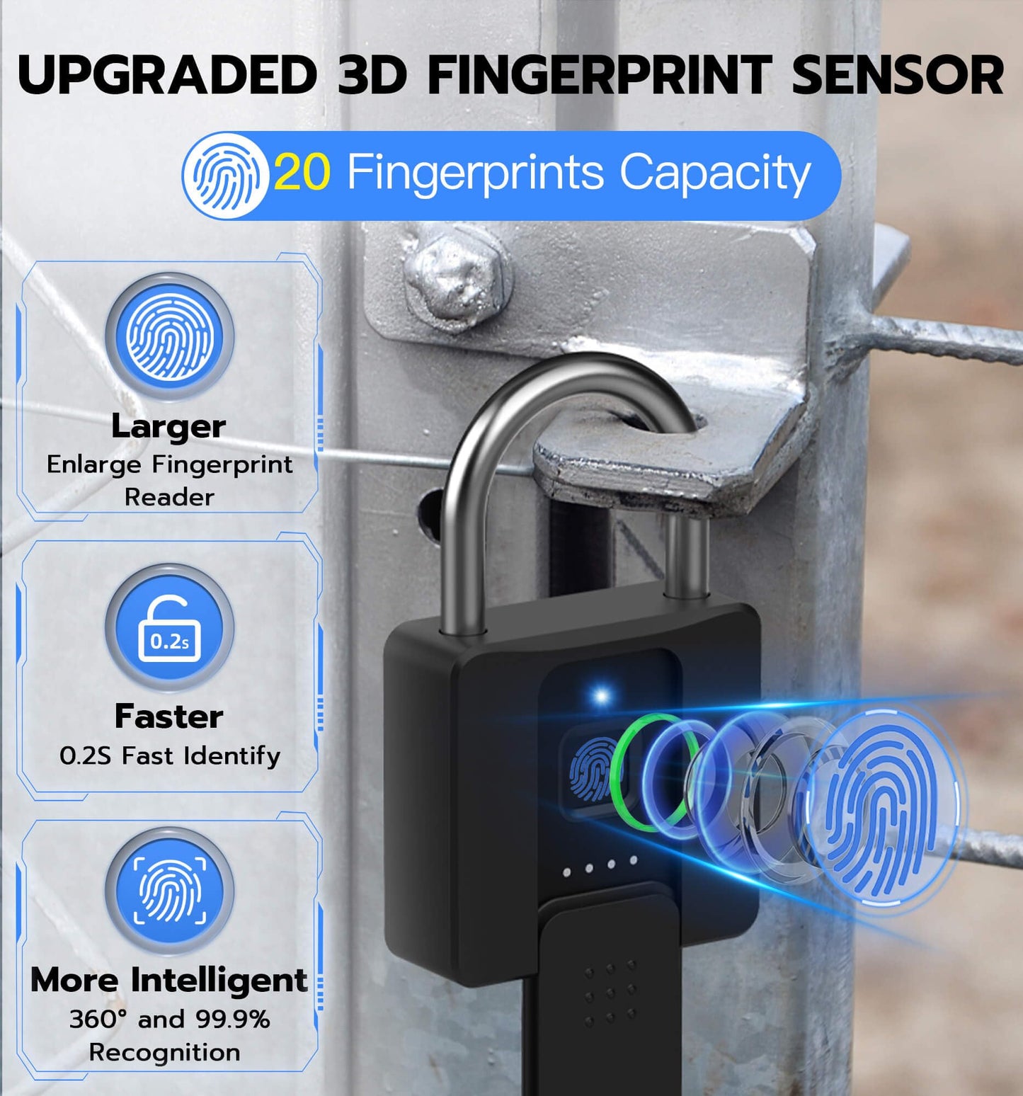 Fingerprint Padlock with Key Backup, Anweller Weatherproof Biometric Bluetooth App Controlled Keyless Smart Electronic Combination Lock for Outdoor Fence Gate Pool Shed Gym Locker Yard Truck