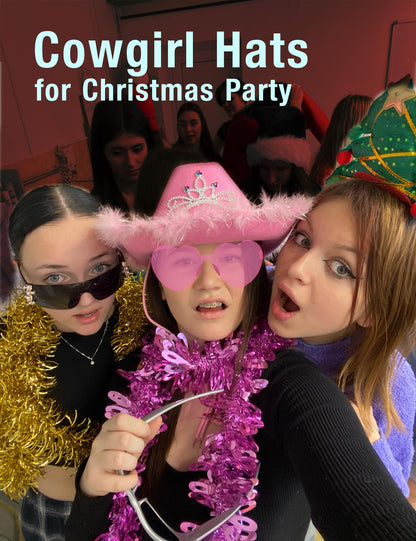 JICASTO Cowboy Hat Pink Cowgirl Hat with Color LED Light Tiara Crown for Girls Rodeo Party Hats with Heart Glasses