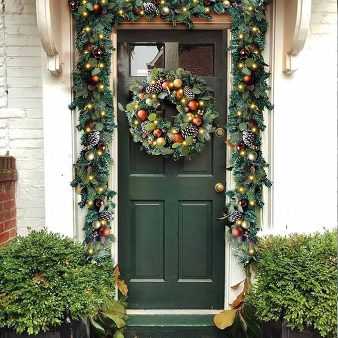 WANNA-CUL Pre-Lit 20 Inch Lighted Christmas Wreath for Front Door Decoration with Copper Gold Christmas Ball Ornaments,Battery Operated 30 LED Lights