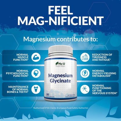 Magnesium Glycinate Supplements 1000mg (Bisglycinate) - 180 High Strength Vegan Capsules - 3 Month Supply - Providing 200mg of Elemental Magnesium - Made in The UK - Nu U Nutrition