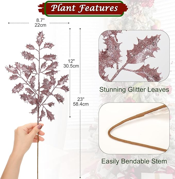 DILATATA 6Pcs Christmas Glitter Leaves Holly Leaves 23" Artificial Rose Gold Holly Leaf Picks Sprays Giltter Stems for Christmas Tree DIY Xmas Wreath Garland Home Decor - Rose Gold