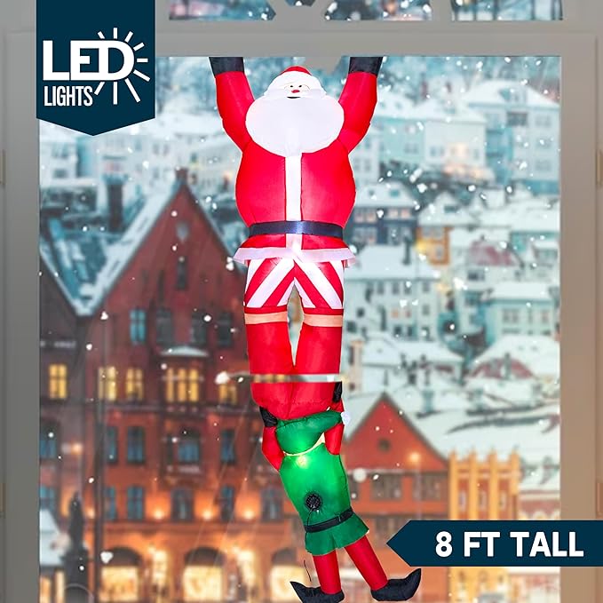 Joiedomi 8 FT Hanging Christmas Inflatables Decoration, Christmas Inflatable Climbing Santa with Falling Elf, Blow Up Santa with Build-in LEDs for Xmas Party Outdoor Yard Garden Lawn Decor