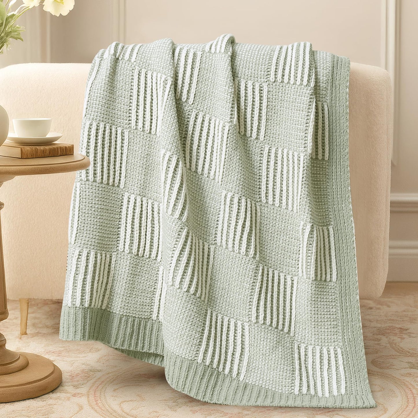 Amélie Home Chenille Knit Throw Blanket for Couch, Checkered Texture Decorative Soft Blanket for Sofa, Bed & Living Room, 50"x60", Sage Green & White