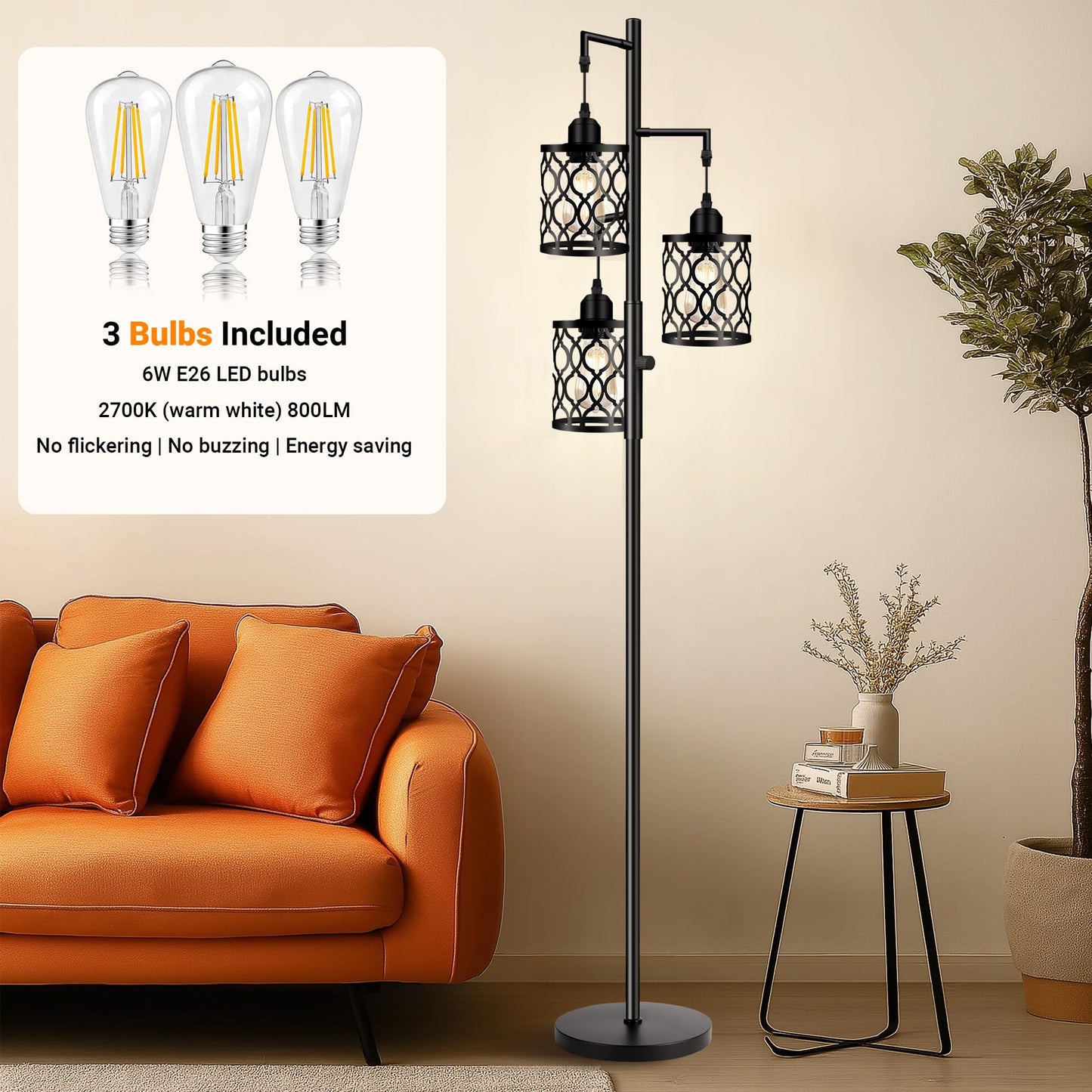 Dimmable Farmhouse Floor Lamp, Industrial Floor Lamp for Living Room with 3 X 6W LED Bulbs, 3 Light Rustic Standing Tall Lamp for Bedroom, Office, 68"