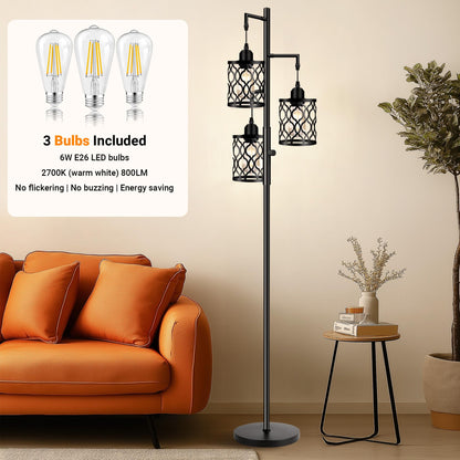 Dimmable Farmhouse Floor Lamp, Industrial Floor Lamp for Living Room with 3 X 6W LED Bulbs, 3 Light Rustic Standing Tall Lamp for Bedroom, Office, 68"