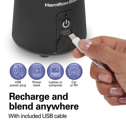 Hamilton Beach Mini Cordless Portable Personal Blender for Shakes and Smoothies, USB Rechargeable, 16 oz. Jar with Leakproof Travel Lid, 6 Stainless Steel Blades, Pink (51181)