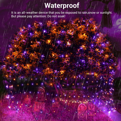 Joomer 12ft x 5ft 360LED Orange Purple Halloween Net Lights Outdoor Mesh lights, 8 Modes Timer Connectable Waterproof Bush Lights Mesh Netting Lights for Halloween Outdoor Decorations (Green Wire)