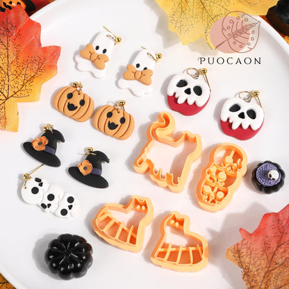 Puocaon Halloween Polymer Clay Cutters - 18 Pcs Halloween Themed Skull Ghost Cat Wizard Witch for Earrings Jewelry Making Clay Earrings Cutters
